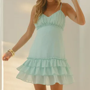 Custom New Design Women Summer Clothing Solid Color Spaghetti Strap Ruffle Casual Dresses