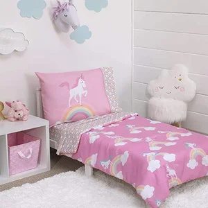 Double Sided Pillowcase Duvet Cover Powder White Cartoon Printing 4 Piece Toddler Bedding Set for Girls