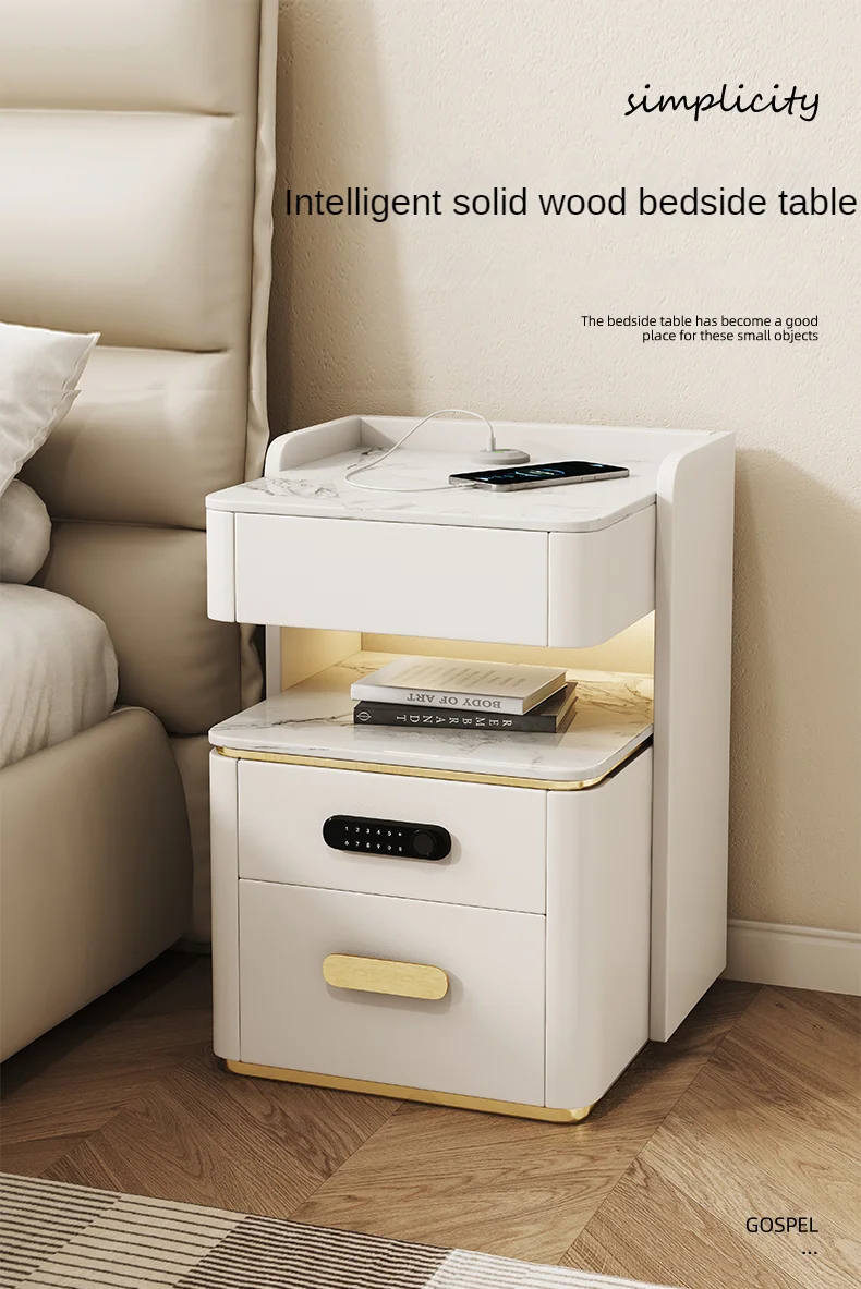 Intelligent Solid Wooden Bedside Table With Large Capacity And Storage