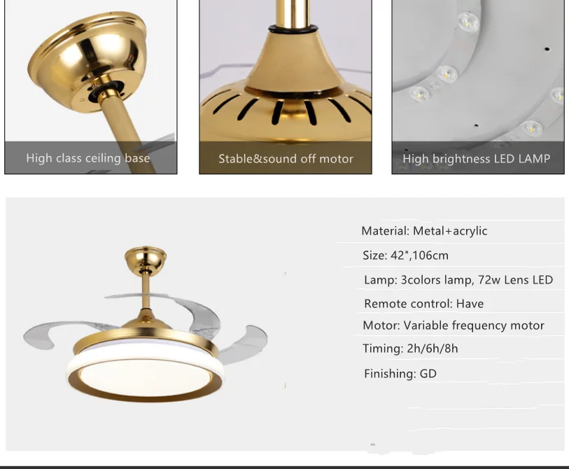 Luxury 42In 220v Retractable ABS Blades Copper Motor fans remote control Decorative  LED Ceiling Fan Lights Modern