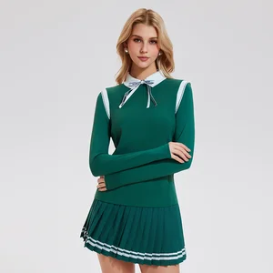 Tennis Wear Athletic Sports Turn Collar Half-Zipper T-Shirts Women Long Sleeves Yoga Wear Golf Tops with Bow