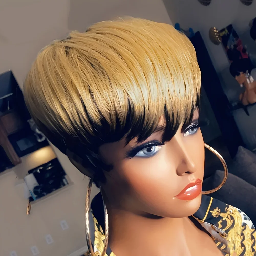 Perruques de cheveux humains courts et raides avec frange Perruques de cheveux courts coupe Pixie pour femmes Perruque entièrement fabriquée à la machine_voghion.com
