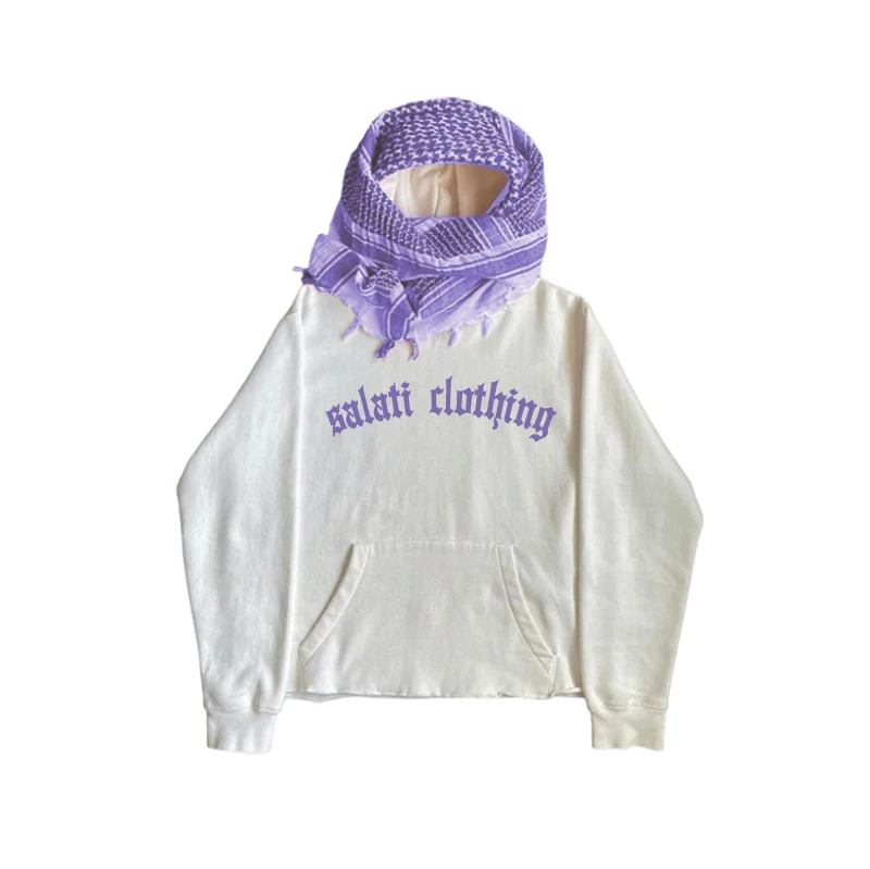 Salati Manufacturing Custom Pullover Raw Hem Heavy Cotton No String Screen Printed Logo Streetwear Unisex Men Hoodies With Scarf gallery 10