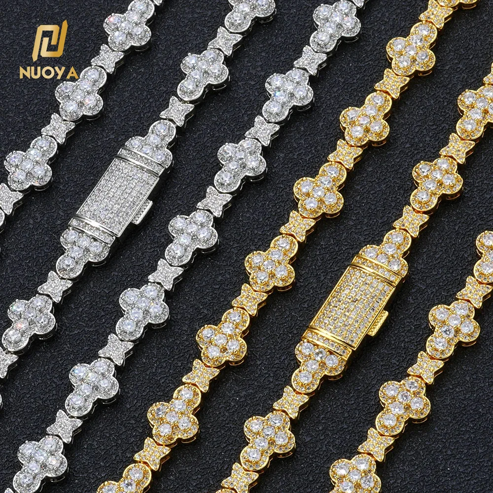NUOYA Gold Plated Full Pave Zircon Choker Necklace Iced Out Diamond Cross  Link Chain Flower Design Shiny Hip Hop Jewelry