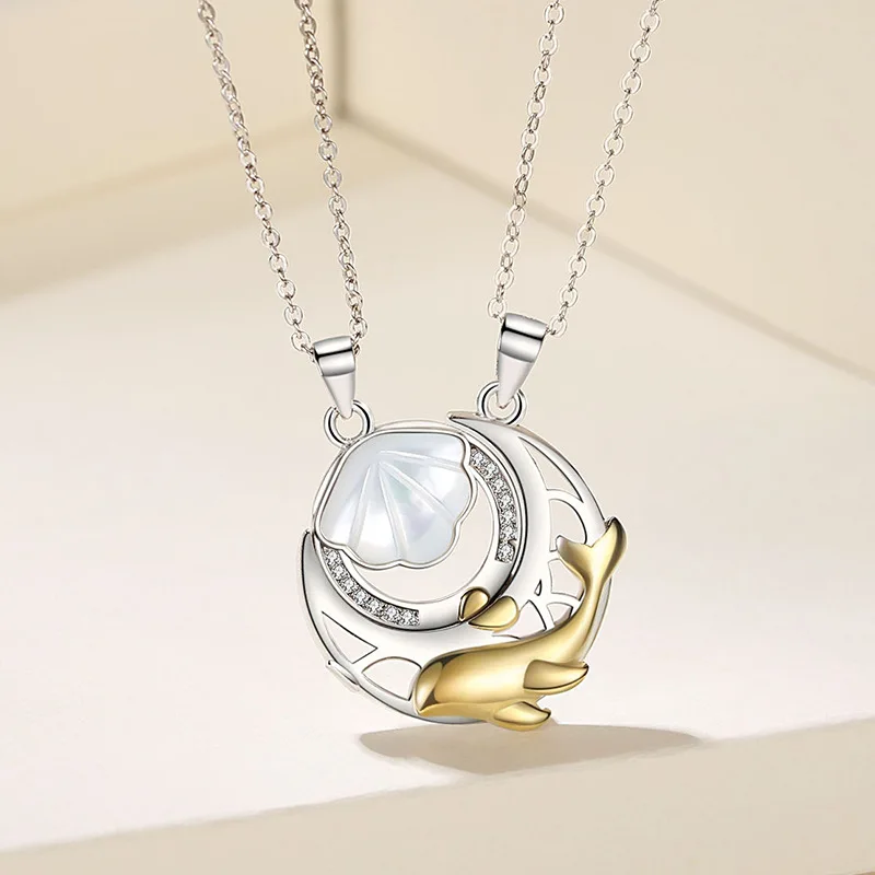 Original Design 925 Sterling Silver Shell Couple Necklace Sterling Silver  Clavicle Chain Whale Moon Necklace Bracelet