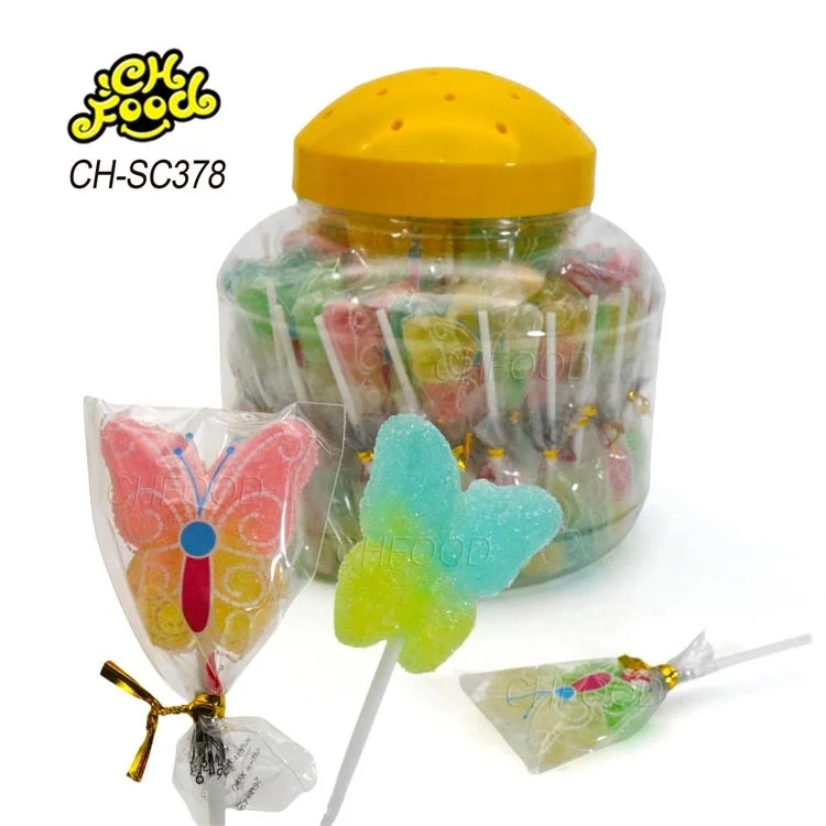 Wholesale Halal Cartoon Fruit Flaovr Sugar Coated Butterfly Gummy Soft Candy Lollipop Sweets Custom Kids Snack