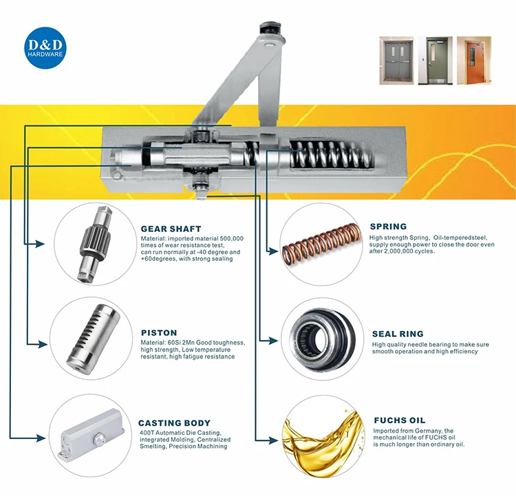 UL Fire Rated Spring Loaded Aluminum Alloy Hydraulic Strong Arm Front Exterior Door Closer