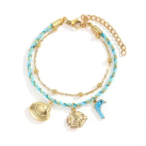 Ocean Theme Double Layer Bracelet 18k Gold Plated Stainless Steel Bead Braided Rope Wholesale No Tarnish Jewelry