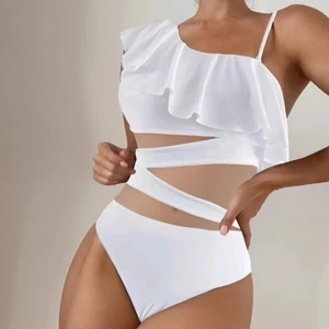 Factory Custom Logo New Sexy One Piece Bikini Cut Out Mesh Swimsuit Women Bandeau Ruffle Swimwear Monokini