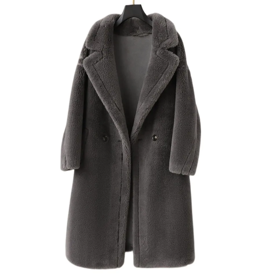 High Quality Loose Cashmere Sheep Alpaca Lapel Wool Fabric Trench Coats Luxury Coats for Women Shearing Long Overcoat