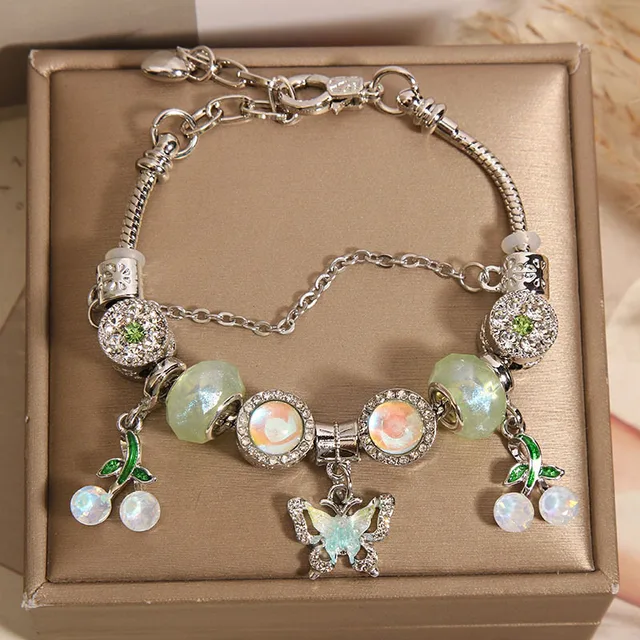 High Quality Silver Plated Crystal butterfly pendant large hole beads green leaf charm bracelet for women