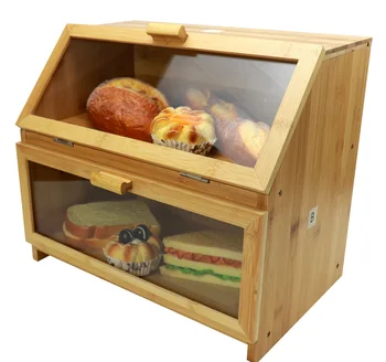 Eco-friendly Wholesales Customization Clear Varnish Big Bamboo Wood Bread Storage Display Box