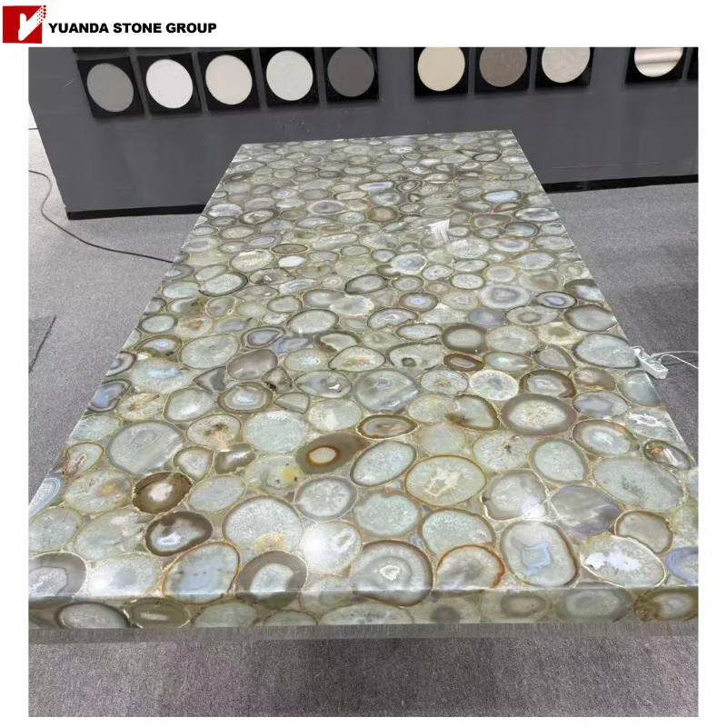 YUANDA China Semi Precious Stone Table Manufacturer LED Backlit Blue Agate Slab Furniture Factory