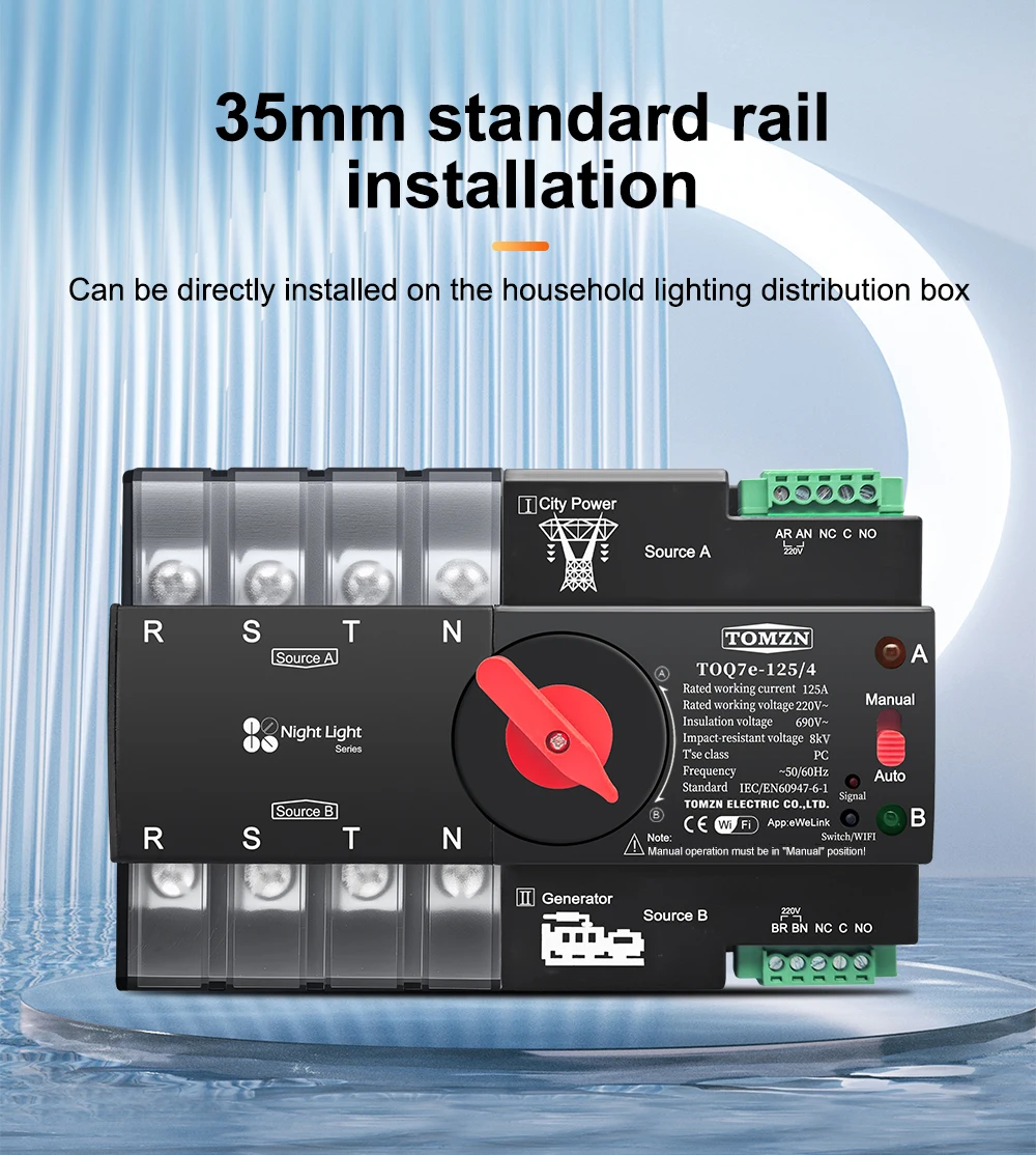 TOMZN Din Rail eWelink WIFI smart ATS timer 230V Dual Power Automatic Transfer Selector Switch Uninterrupted 4P 125A Generator