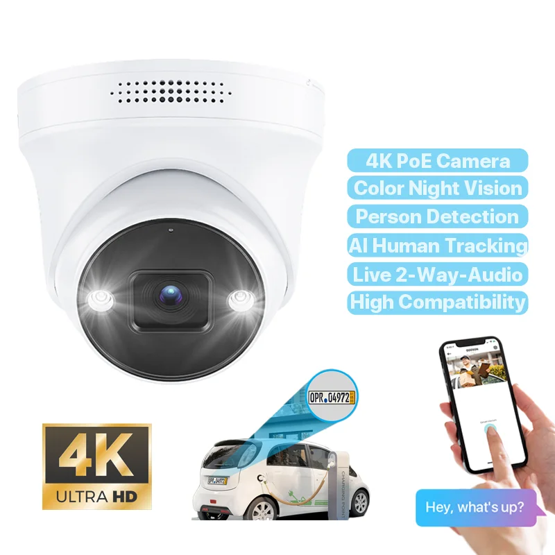 8MP Face Recognition Camera PoE 4K AI Technology Night Vision Outdoor Security Camera With Sound Network Security Cameras