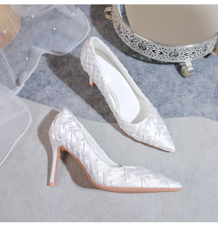 Ladies Bridal Shoes Pointed Toe White Satin Weave High Heeled Elegant Women Wedding Pumps Shoes Party - Image 3
