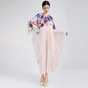 Fast Shipping High Collar Loose Plus Size Bat Sleeve Kaftan Dress Elegant Pleated Casual Dress for Women