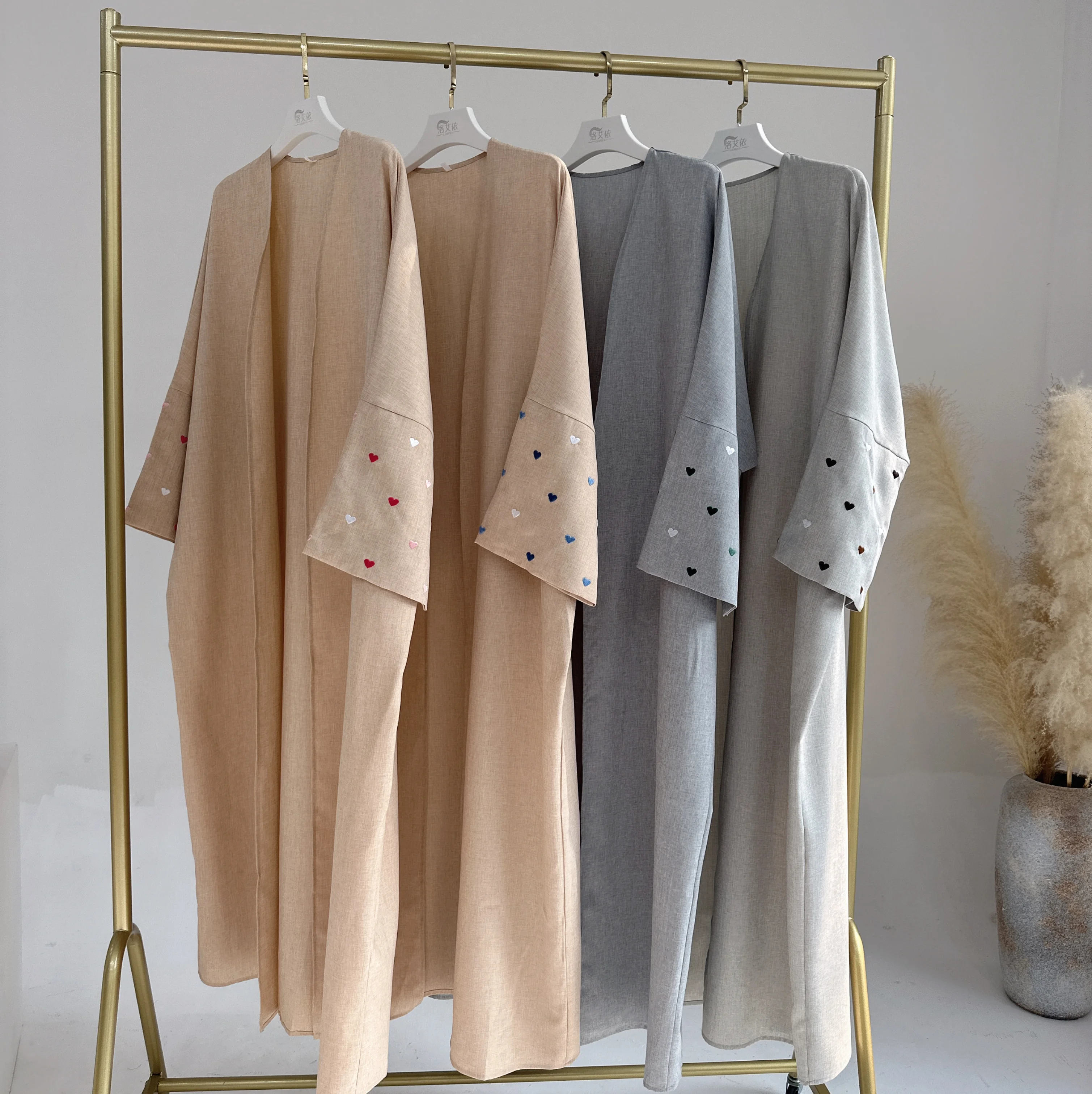 2024 Women's Eid Embroidered Heart Abaya Open Front Cardigan Maxi Dress Breathable Arabian Robe for Ramadan Elegant Ialam