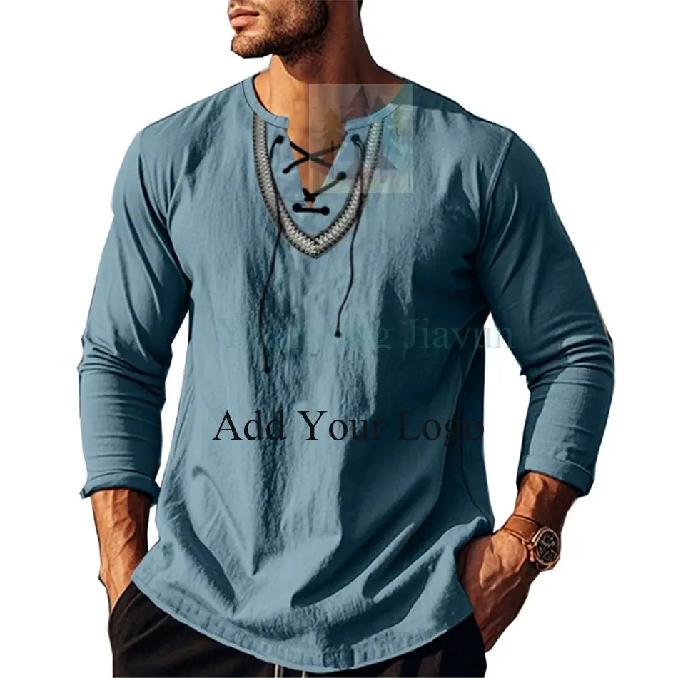 Men's Linen Cotton Retro Long Sleeve V-Neck Henley Shirt - Casual Lace-Up Medieval Style Pullover Top, Breathable Summer Beach Shirt
