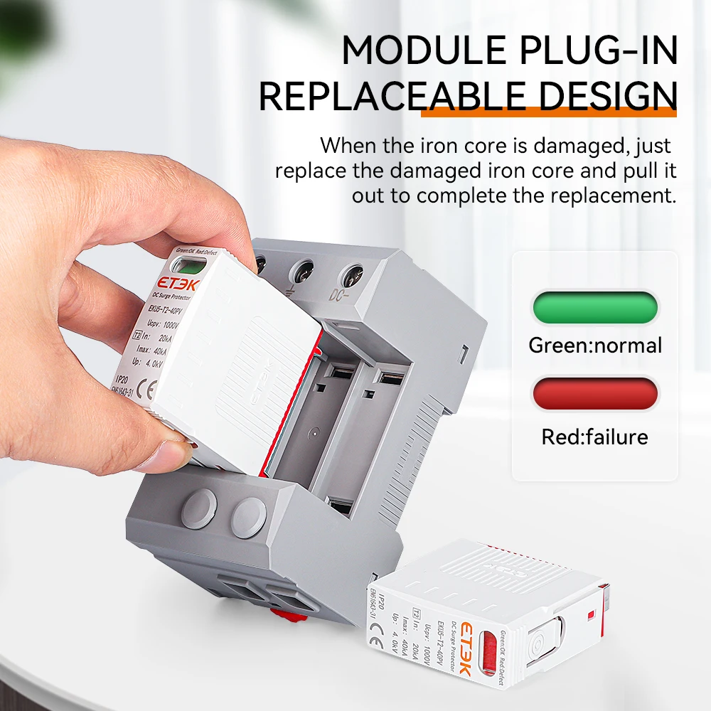 ETEK Class T2 2P 40kA 1000VDC Solar System Compatible DC Surge Protector Key Feature High Performance SPD