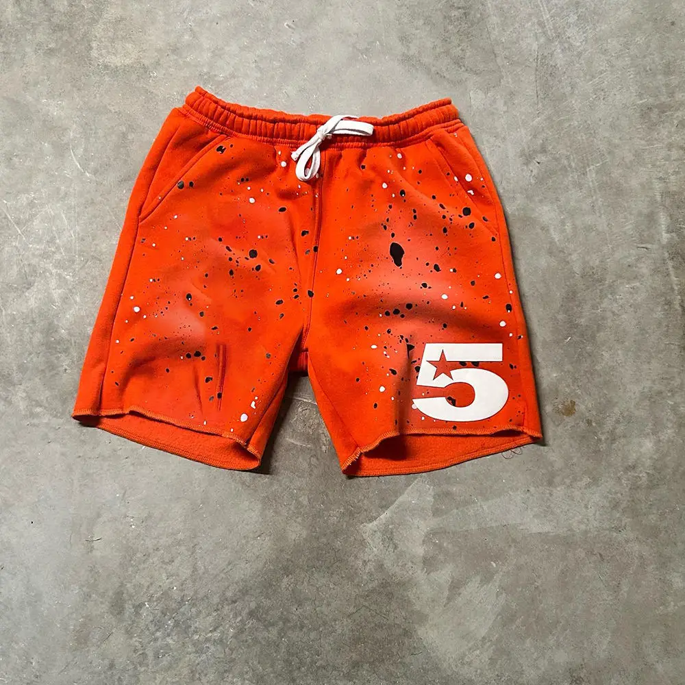 Custom Men Sweat Shorts French Terry Drawstring Heavy Cotton Paint Splatter Fleece Vintage Acid Wash 3D Puff Print Shorts Unisex gallery 4