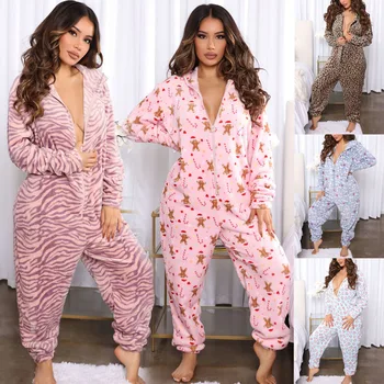 Wholesale Custom Print Adult Pajamas Furry Cozy Hoodies Zipper Women Sleepwear Sexy Christmas Onesie Pajamas