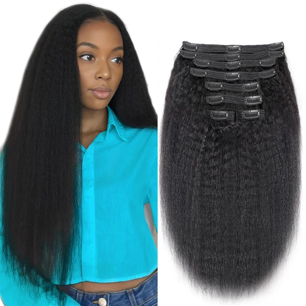 Extensions de cheveux humains à clips, cheveux crépus raides, 120 g, 26 pouces, cheveux brésiliens Remy naturels, 8 pièces pour femmes_voghion.com