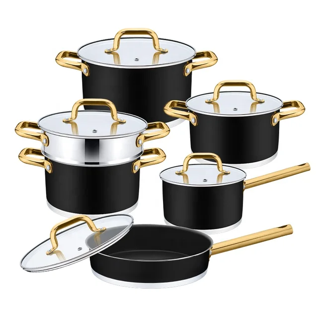 Luxury color coating induction cookware 11pcs stainless steel pots and pans cookware set for home kitchen cooking