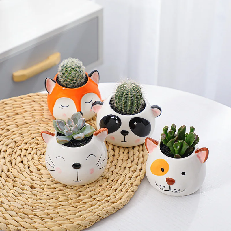 Cute Cartoon Mini Small Fox Panda Dog Cat Succulent Planter Animal Flower  Pot Ceramic Plant Pots
