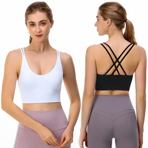 Summer New Thin Straps Sexy Padded Cross Back Open Back Sports Gym Fitness Wear Workout Soft Nude Feeling Women Yoga Bra Top