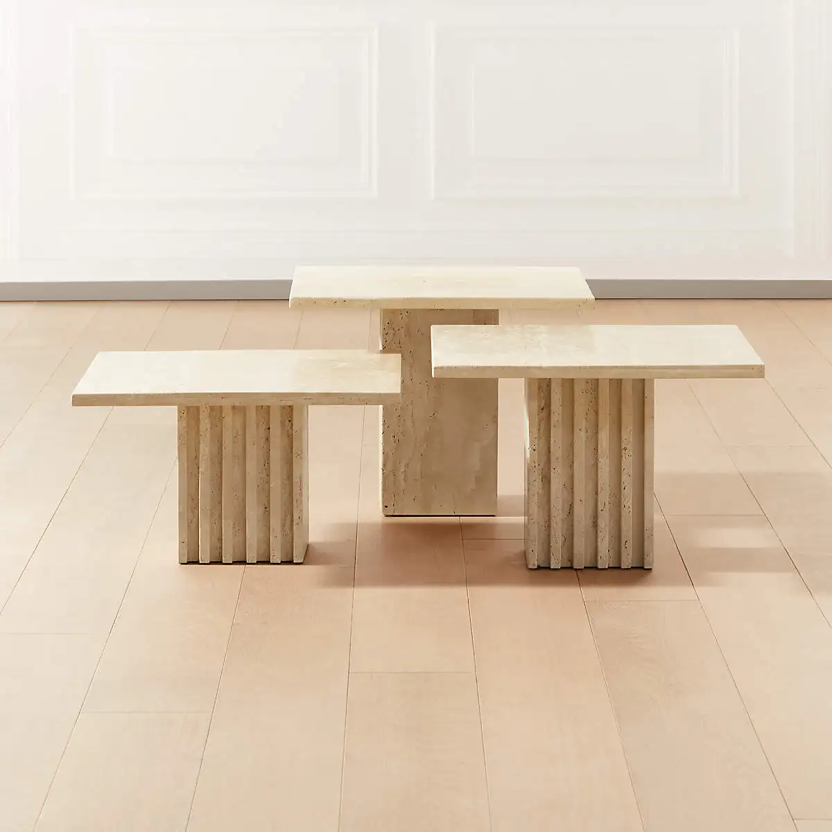 Fluted Table Small Rectangular 3 Piece Coffee Table Set Beige Color Home Decoration Luxury Modern Coffee Table