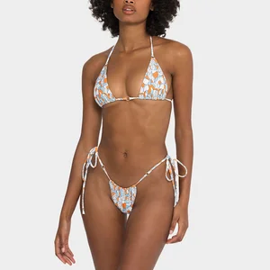 Custom Printed Plaid Sexy 2-Piece Bikini Set with Front Logo Fashionable Breathable Quick-Drying Nylon Fabric for Women