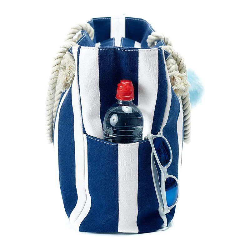 Summer Women's Custom Pocket Stripe Large Canvas Handbags Beach Bag Custom Canvas Tote