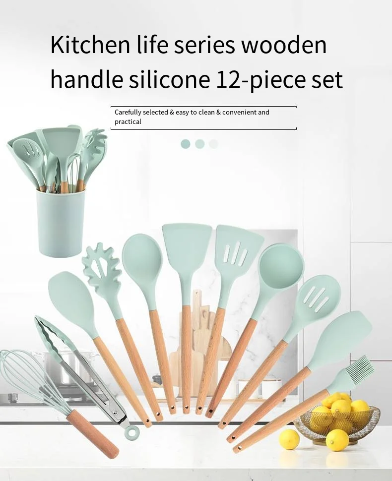 Wooden handle silicone kitchen utensil 12-piece non-stick frying pan kitchen tools Cooking spatula spoon Baking storage tool set supplier