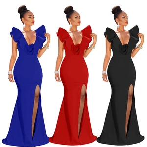 New Arrival Chic Evening Dress Wholesale Ruffles v Neck Sleeveless Slit Long Elegant Dresses With Floral