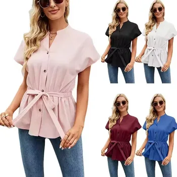 2024 New Fashion Square Collar Lotus Sleeve Summer Splicing Solid Color Women's Fresh Sweet Wind Pullover T-Shirt