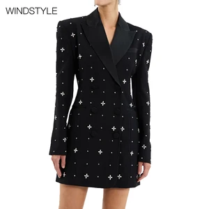 Women's Long Coat Inlaid Diamond Stitching Single Button Closure Solid Pattern Blazer Design Crystal Waist Dress Collar