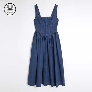 2026 New Sleeveless Blue Denim Midi Women's Dress with Square Collar Corset Design Draped and Zipped Decorations