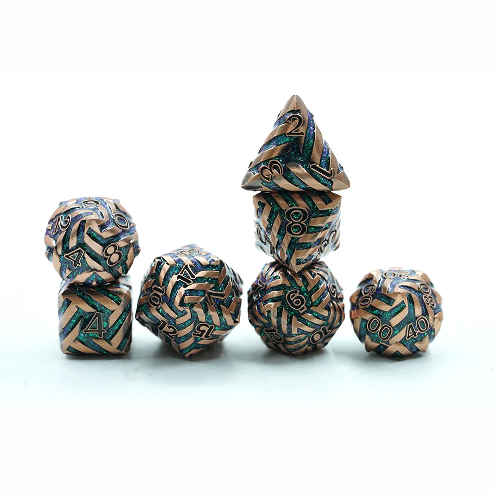 Copper-Colored Polyhedral Dice Set for DND Games Zinc Alloy Metal with Green Sparkling Mica Stripe and Black Number
