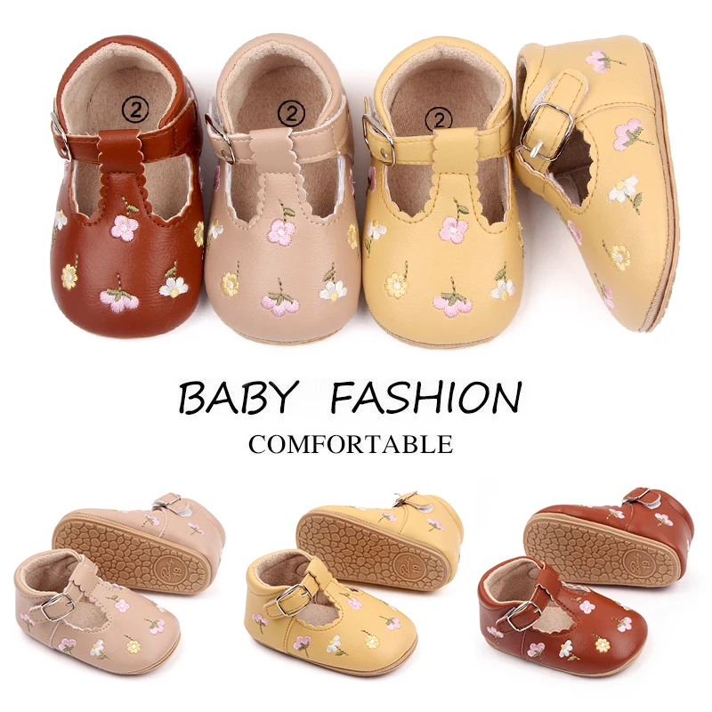 Baby Shies Factory Beautiful Flower Embroidery Soft PU Leather Spring Autumn Baby Toddler Girl Shoes factory