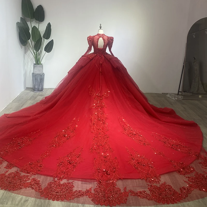 Luxury Red Wedding Dresses Long Sleeve High Neck Applique Lace up Church  Bride Gowns Wm30