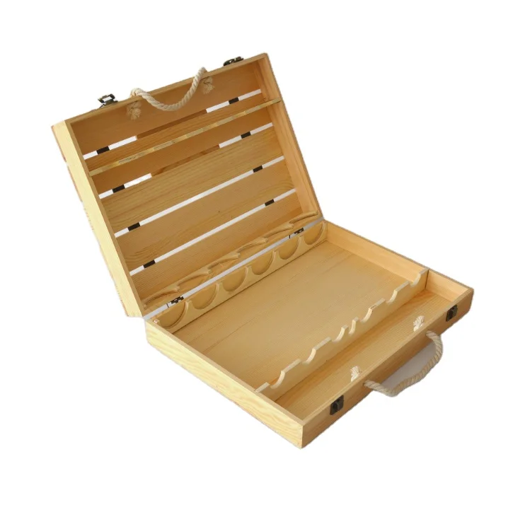 
Портативная деревянная упаковка из 6 бутылок с принтом на заказ для хранения красного вина, виски, упаковочные коробки с ручкой 