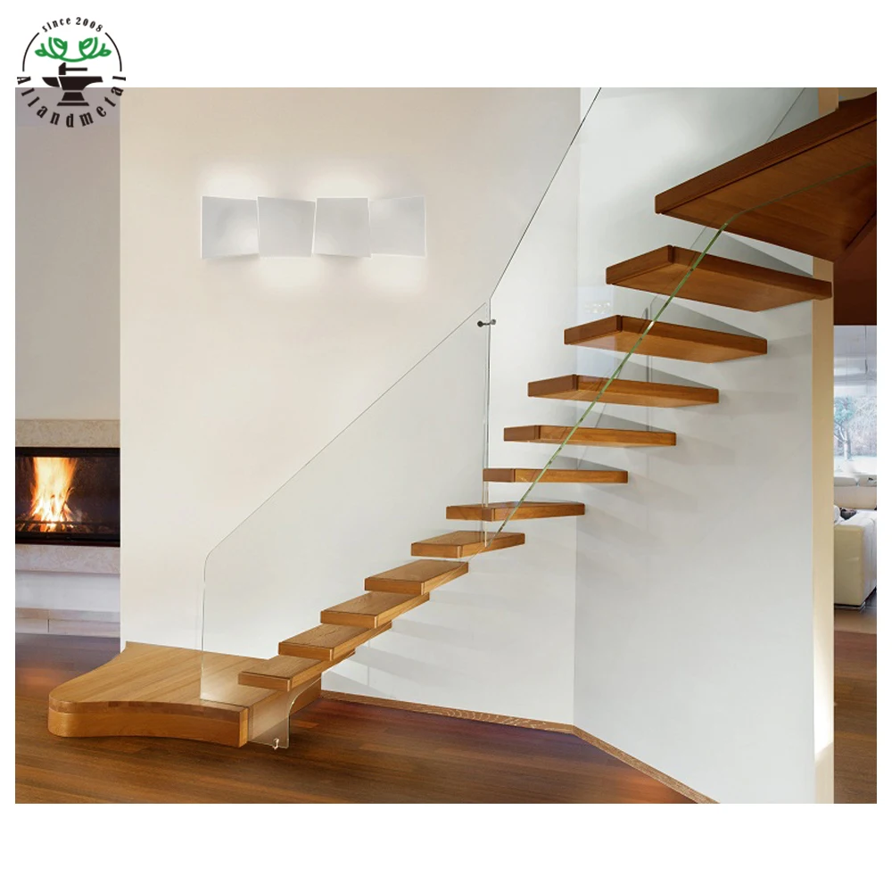 Big Landing Floating Stairs with Led Light White Oak Steps Standoff Glass Railing