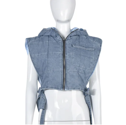 New Arrival Fashion Denim Clip Cotton Wash Hooded Sleeveless Cargo Short Vest Casual Woman  Denim Vest