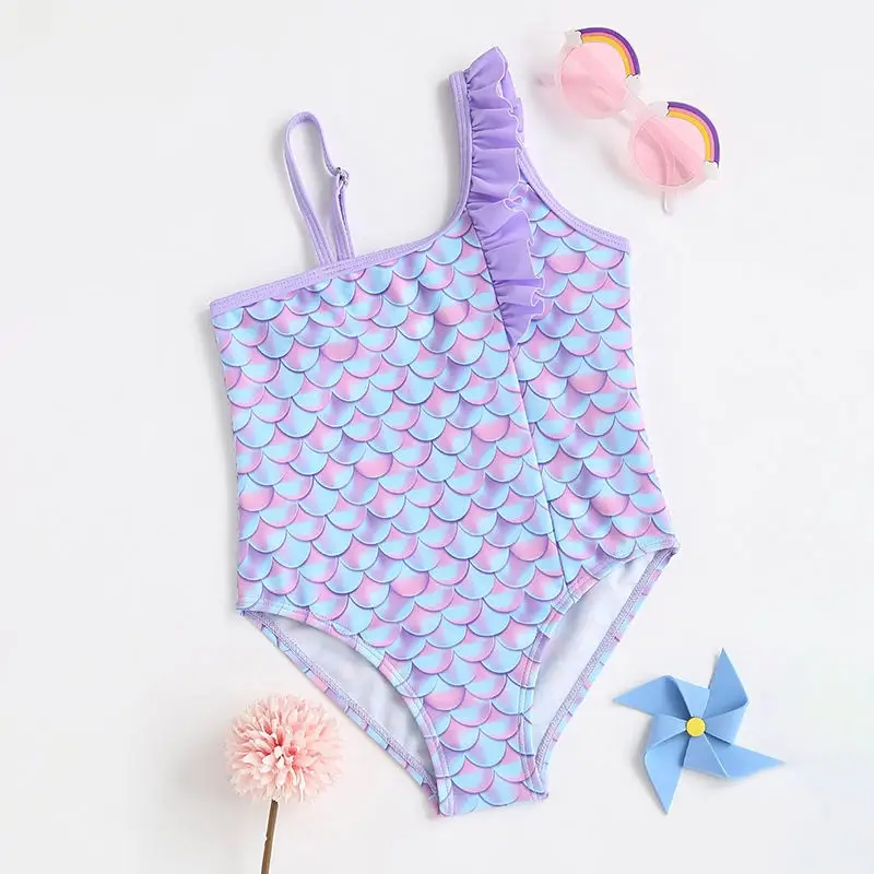 Swimming Party Wear Child Cute Mermaid Costume Princess Little Girls One-shoulder Swimsuit Kid Mermaid Swimwear