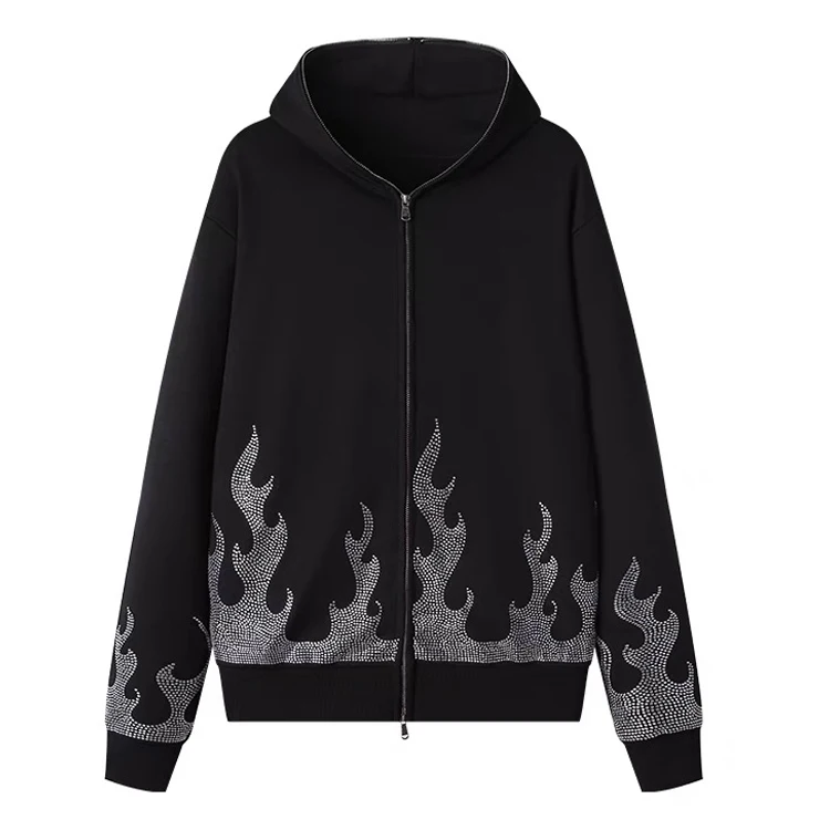 Custom Streetwear Oversized Men's Zip Up Hoodie with Flame Rhinestone Design 330grams French Terry Fabric
