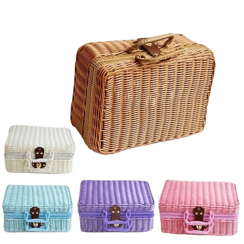 Vintage Weaved Picnic Basket Stackable Soft Rectangular Woven Storage Plastic Rattan Suitcase with Lid