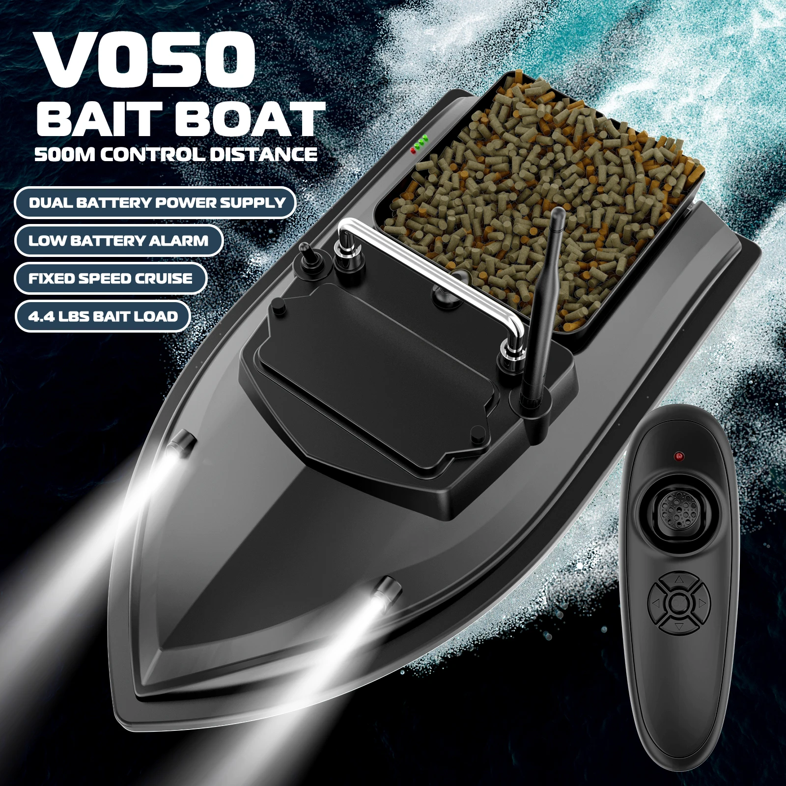 Flytec V050 Wireless Dual Power Supply 500M Fixed Speed Cruise RC Fishing Bait Boat With 4 LED Lights Fish Feeder for Fishing