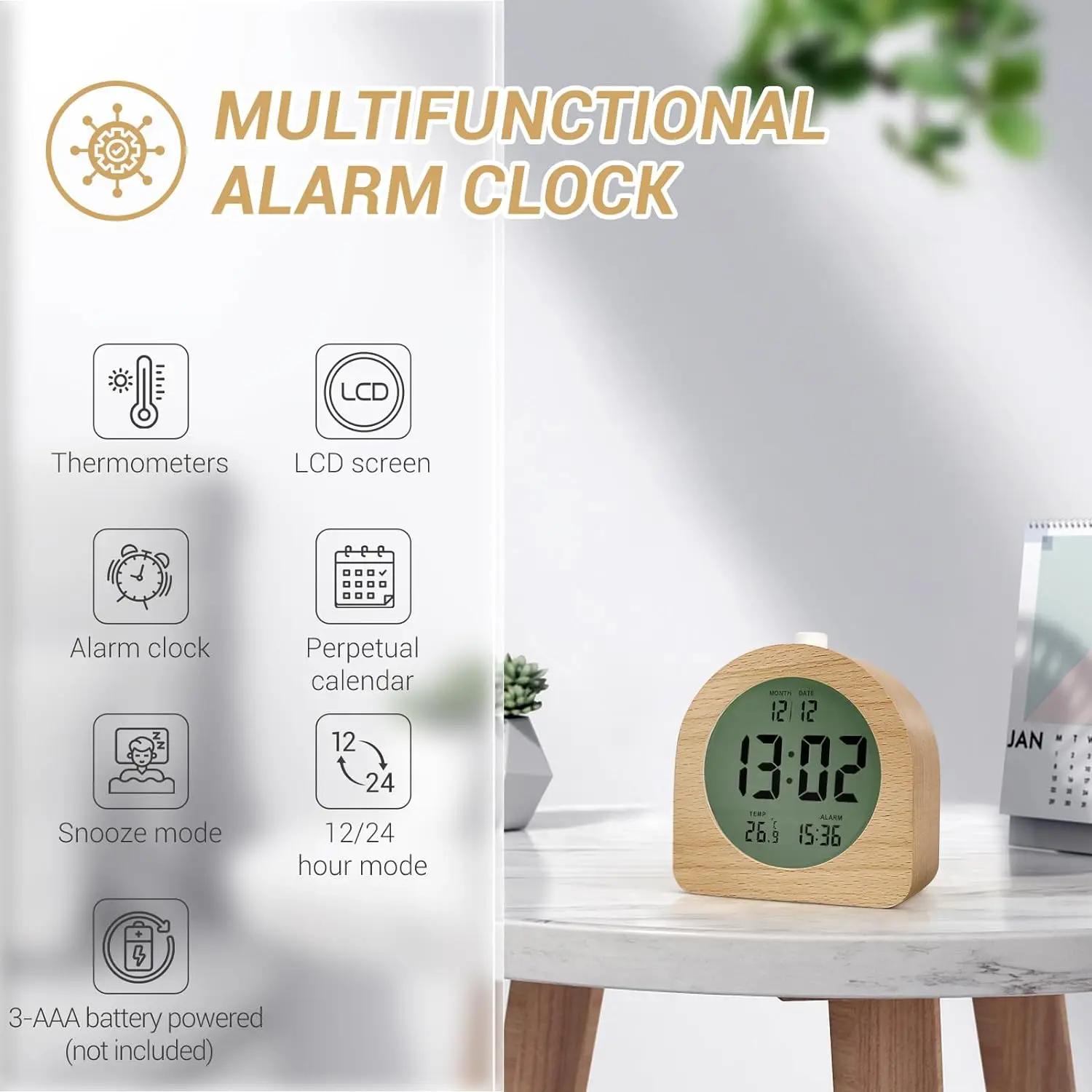 Eco-friendly Wooden LCD Digital Clock Desk Calendar Wood Alarm Clock with Night Light for Students