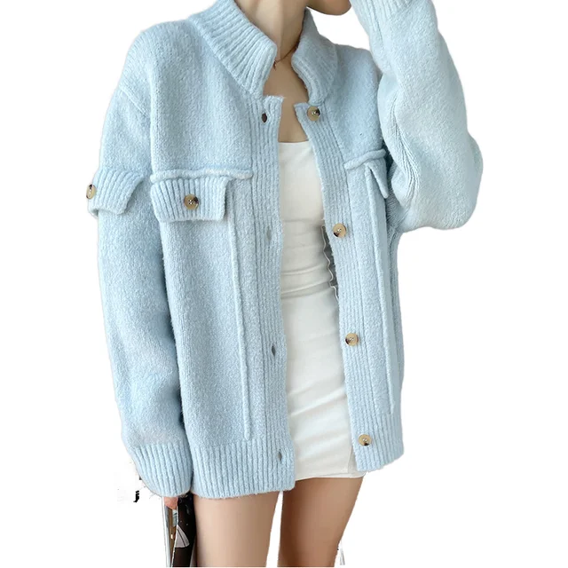 Blue Women's Casual Long-Sleeved Cardigan Coat Single-Breasted Turn-Down Collar Knitted Weaving Ruffles Decoration Autumn